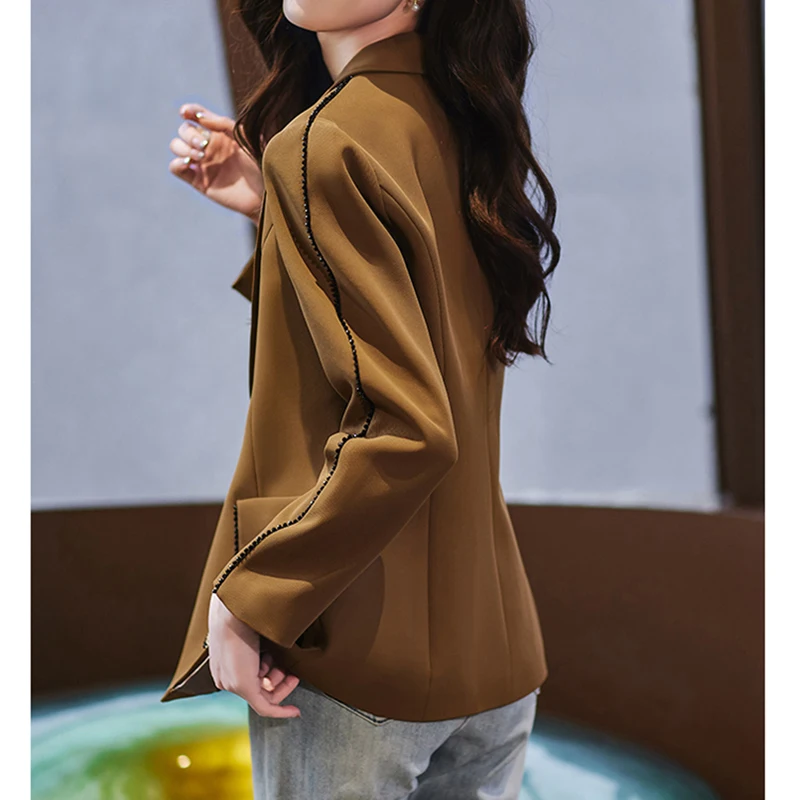 Blazer Coat Women's Spring/Summer New Slim Fit Panel Simple Pocket Solid Color Single Button British Long Sleeve Blazer 2023