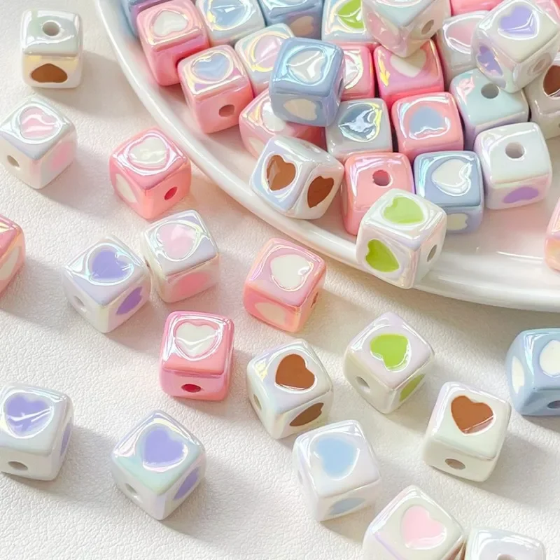 10pcs Cute Color Plated Love Four Sides Oil Dropping Blocks DIY Handmade Loose Beads Heart Shape Bracelet Necklace Material