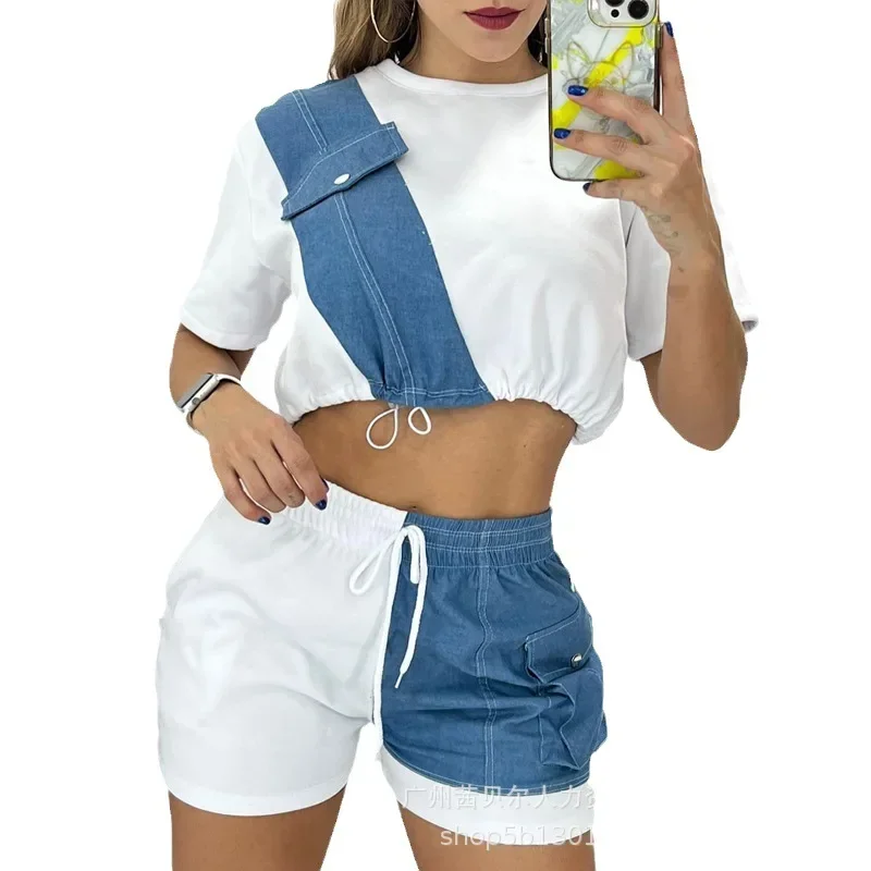 Frauen Frühling Sommer Shorts Set Taste Taschen O Hals Kurzen Ärmeln Lässige Mode Sexy Bequeme Regelmäßige Standard Fit Anzug