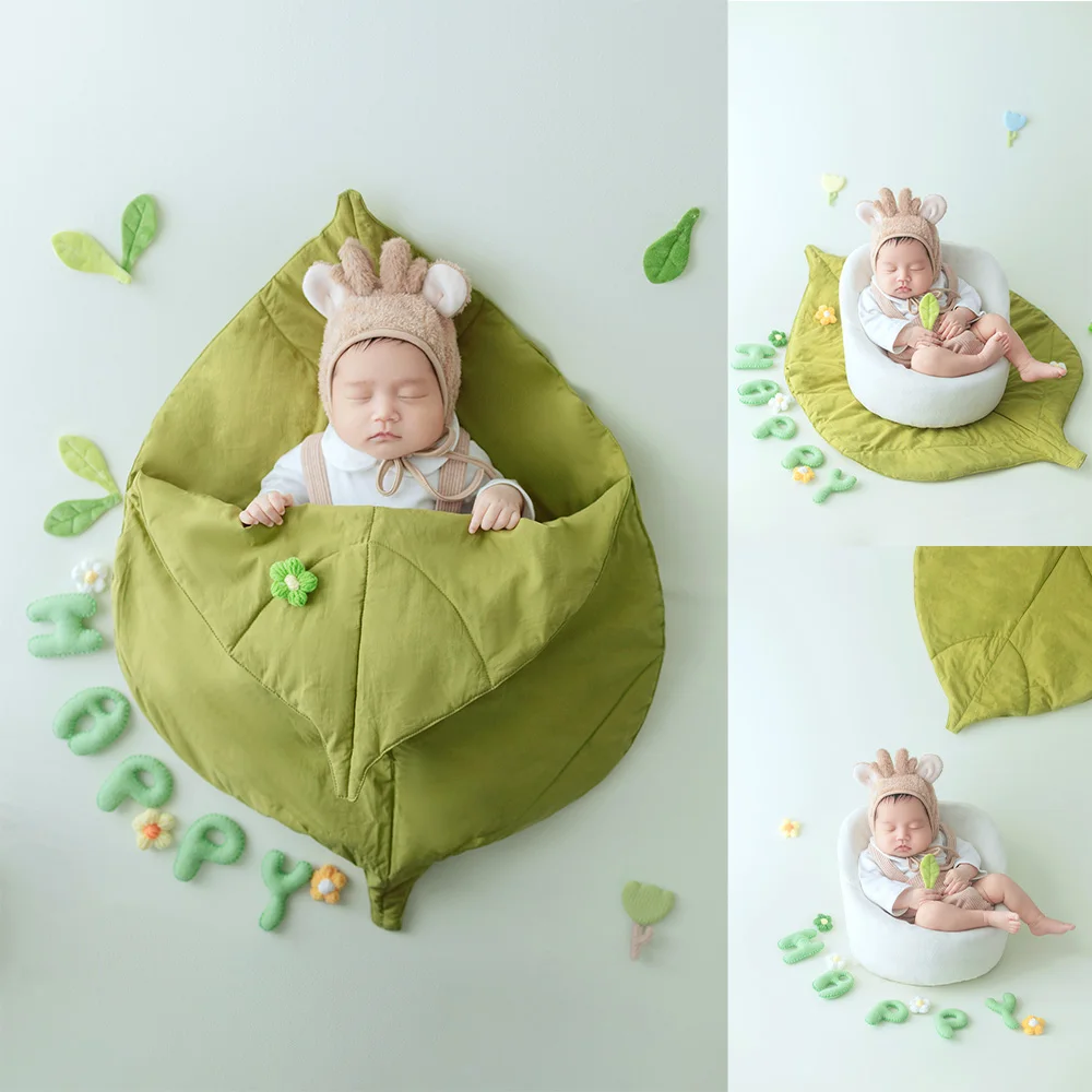 Spring Themed Newborn Photography Props Adorable Fawn Hat+baby Photo Outfit Set Leaf Shape Blanket Floral Decor Props for Studio