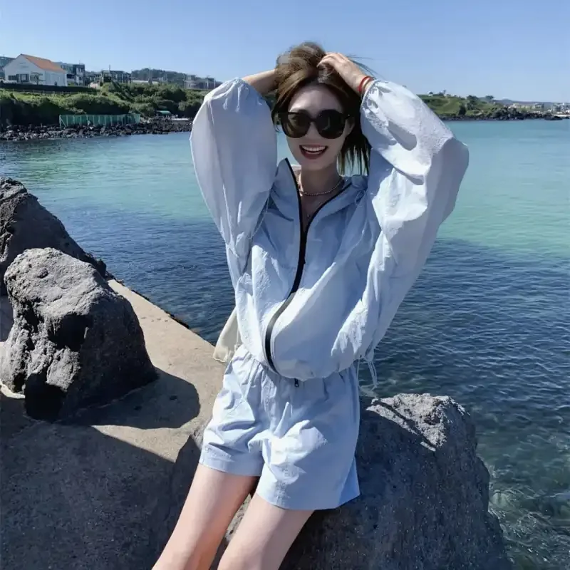 

Women Lightweight Hooded Sun Protection Two Piece Set Loose Casual Jacket Shorts Outfit For Summer