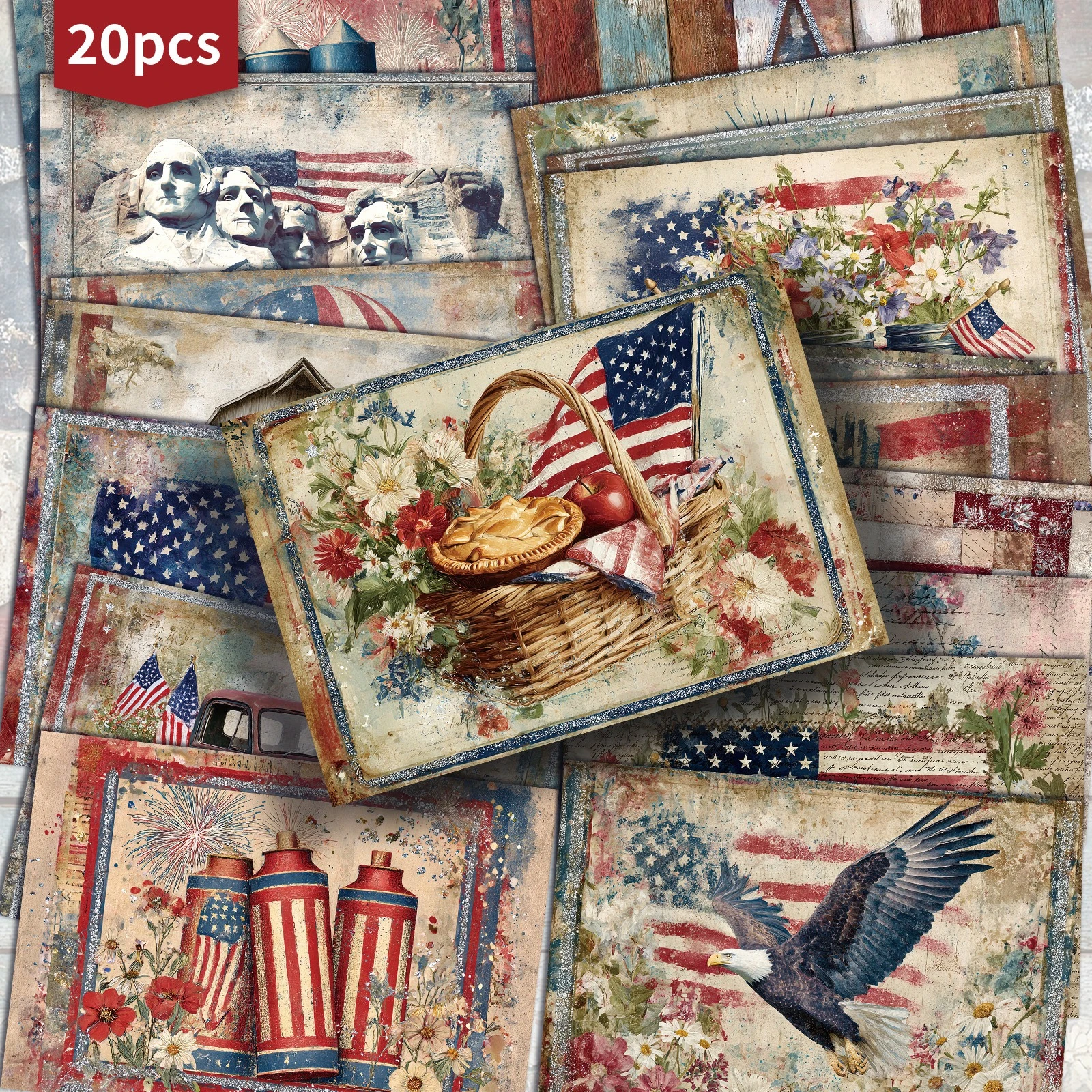 20PCS Retro Patriotic Independence Day Postcards, Classic Chest and Back Sticker Illustrations, Suitable for Scrapbooks