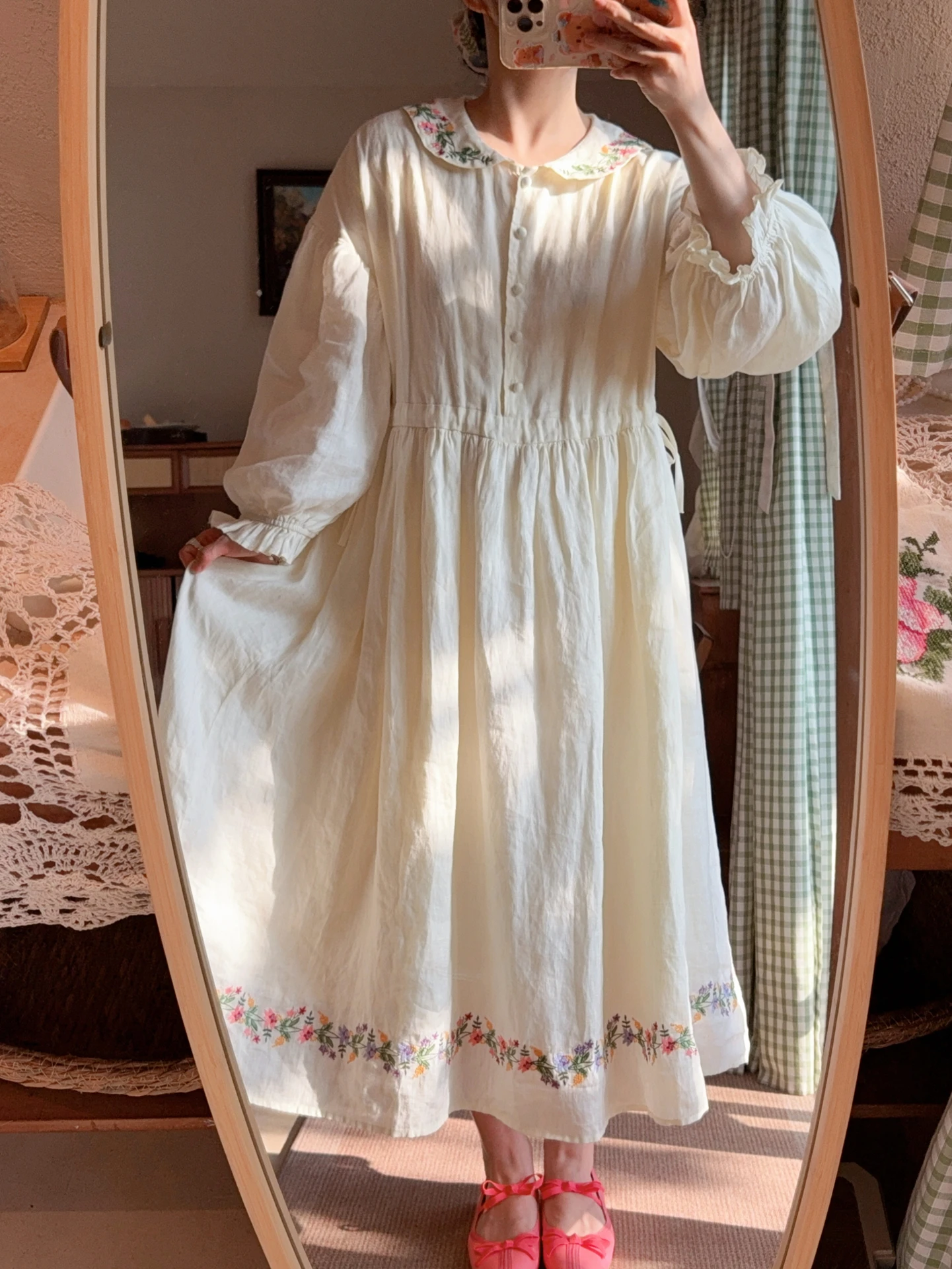 

TIYIHAILEY Spring Autumn Women Embroidery Linen Dress With Lining Long Sleeve Long Mid-Calf Ladies Loose A-line Lace Patchwork