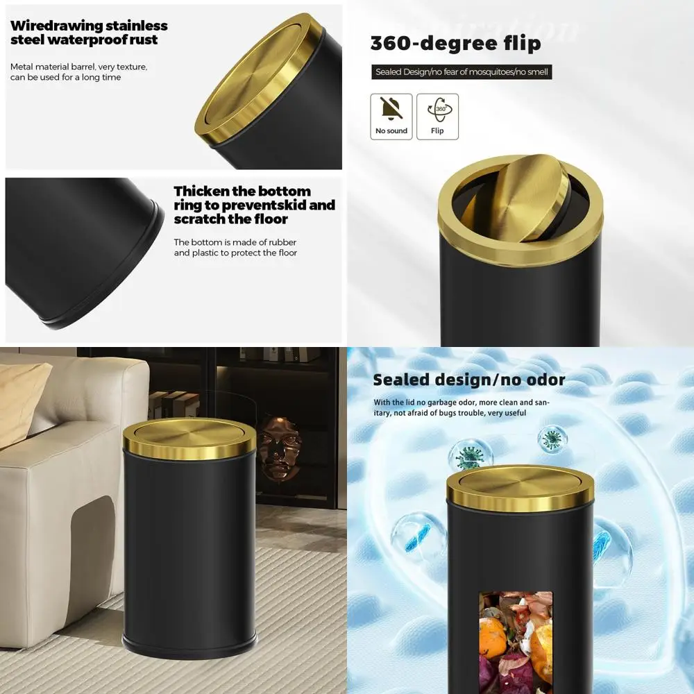 

18L Black & Gold Stainless Steel Swing-Lid Trash Can for Bathroom, Kitchen, Home & Hotel