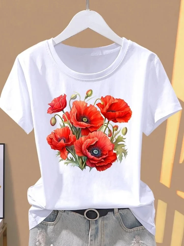 

2026 Women's Clothing Solid Color Flower Printed Fashion Round Neck Short Sleeves Tops Simple Style All-match Casual Comfortable
