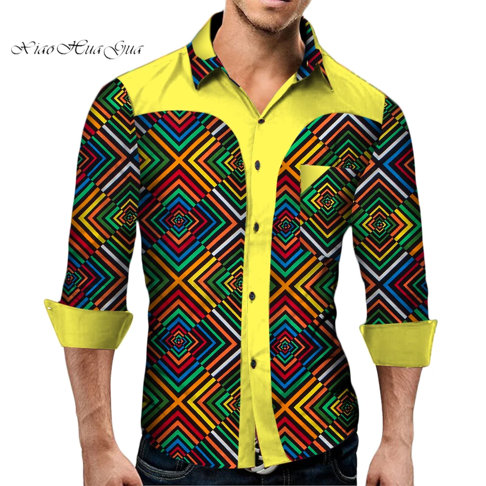 Plus Size African Print Shirt for Men Long Sleeve Dashiki Tops African Clothes Patchwork Casual Style Men Shirt WYN349