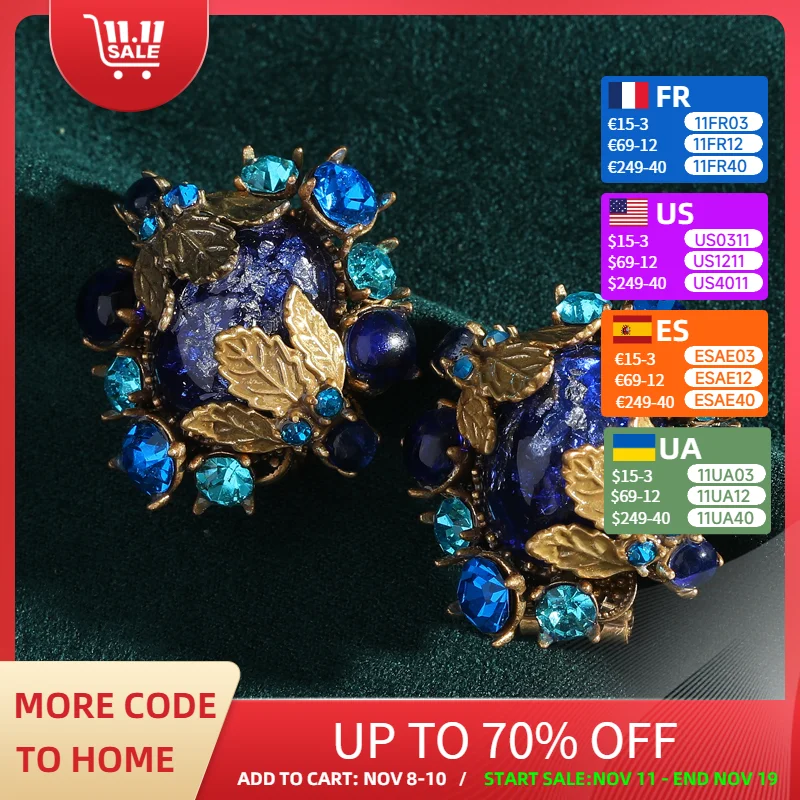 

Vintage Blue Lapis Lazuli Stud Earring Natural Stone Flower Gold Color Leaf Luxury Jewelry For Woman Accessories Wedding 2025