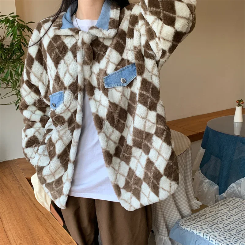 Leopard Print Korean Fashion Reversible Lambswool Jacket Loose Thickened Solid Color Denim Top Parkas Winter Jacket for Women