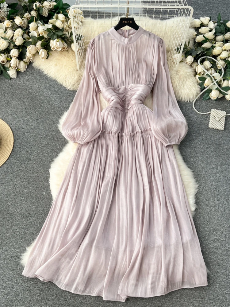 Enegant Women Vintage Dress O-neck Lantern Sleeve Solid Robe Femme 2025 Vestidos De Mujer Tunic Temperament Pleated Maxi Dresses