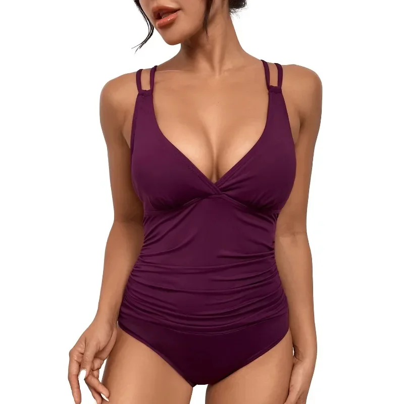 Women Solid Colors One-Piece Suits Slip Swimsuits Summer V Neck Pleated Backless Bathing Suits Sexy New Women Tankini Beachwear