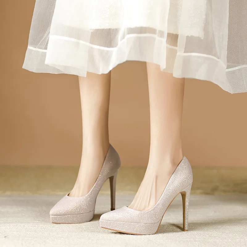 

High heels 2026 spring fashion sequin gold high heels 12cm thin heel waterproof platform pointed single shoes for women