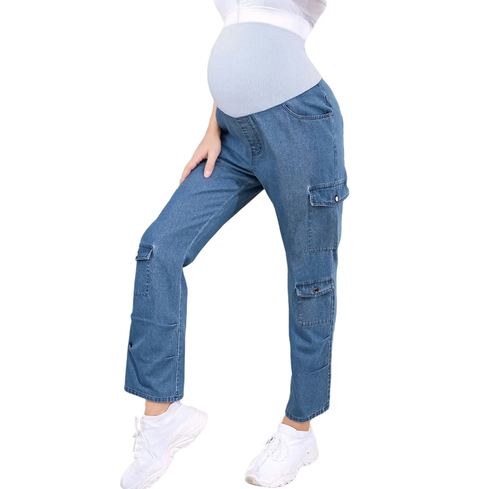 

Pregnancy Women Cargo Jeans Casual Comfy Stretchy Over Belly Straight Leg Maternity Denim Pants with Pockets Autumn Clothing