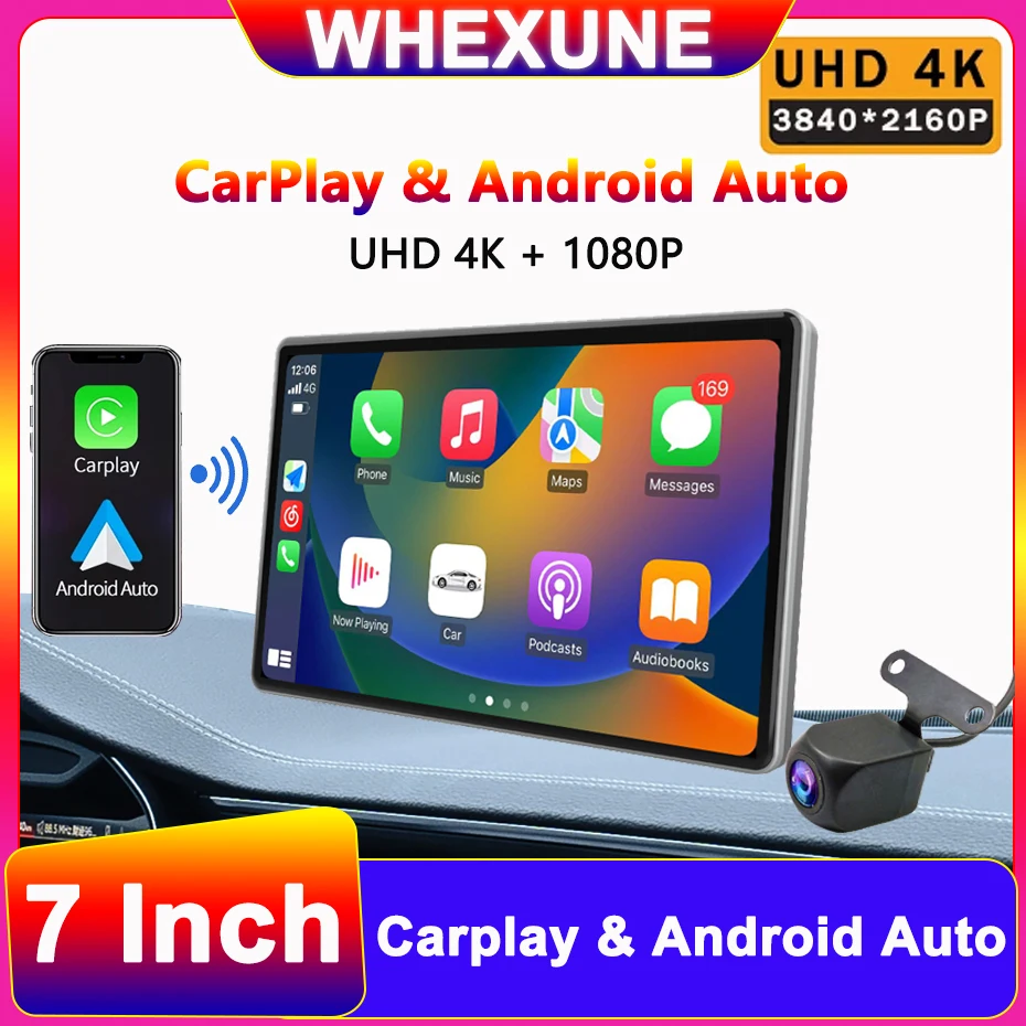 

7" 4K Car DVR Wireless Carplay & Android Auto WiFi Bluetooth AUX Dash Cam Camera GPS Navigation Dual Recording Video Recorder