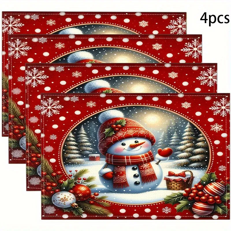 VIKAMA Christmas Linen Placemats, Red Snowman Holly Berry Ornament, Washable Heat Resistant, Festive Dinner