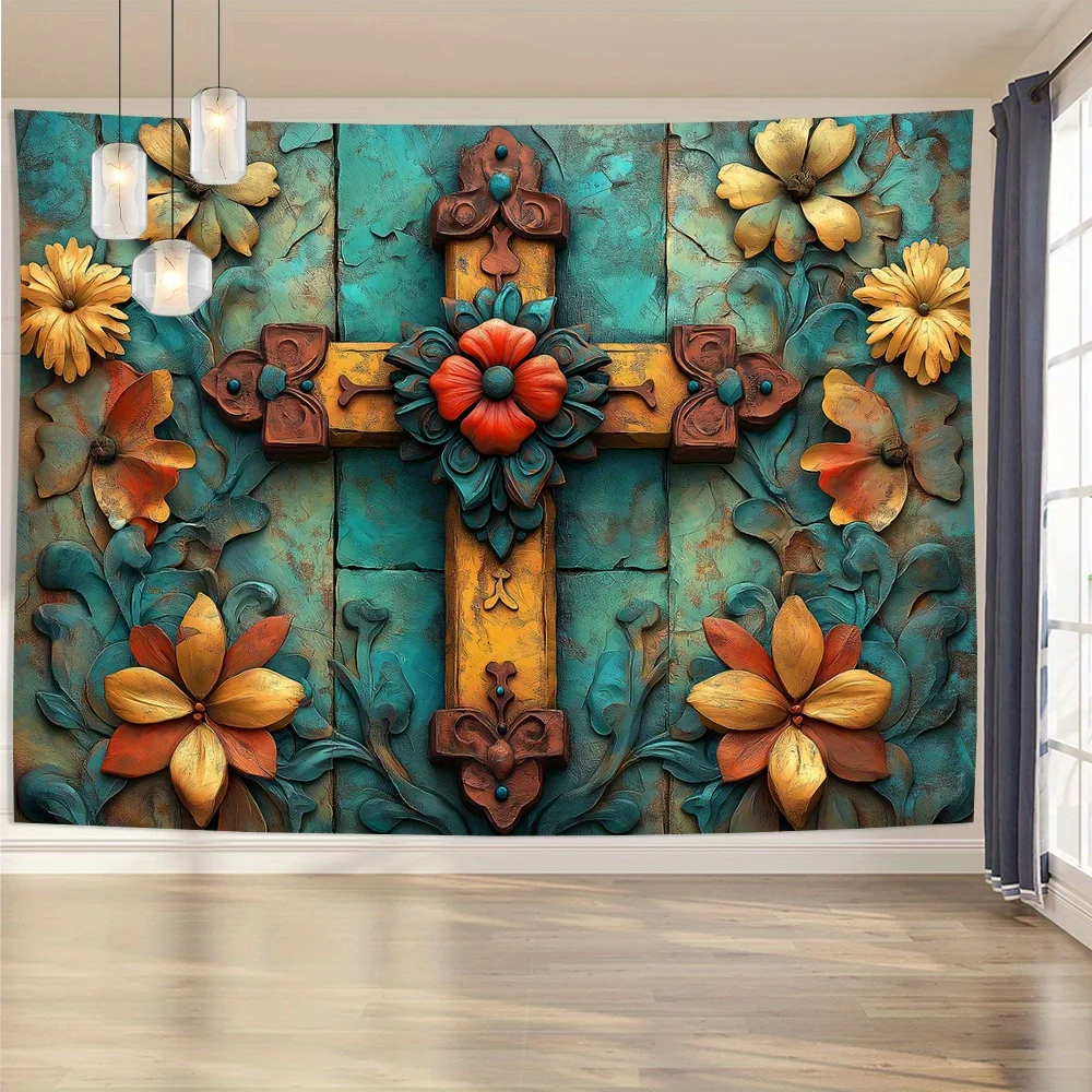 Large Ornate Cross Tapestry Wall Hanging Blue Green Mural Gothic Christian Religious Decor Art 180x280cm Tapestry
