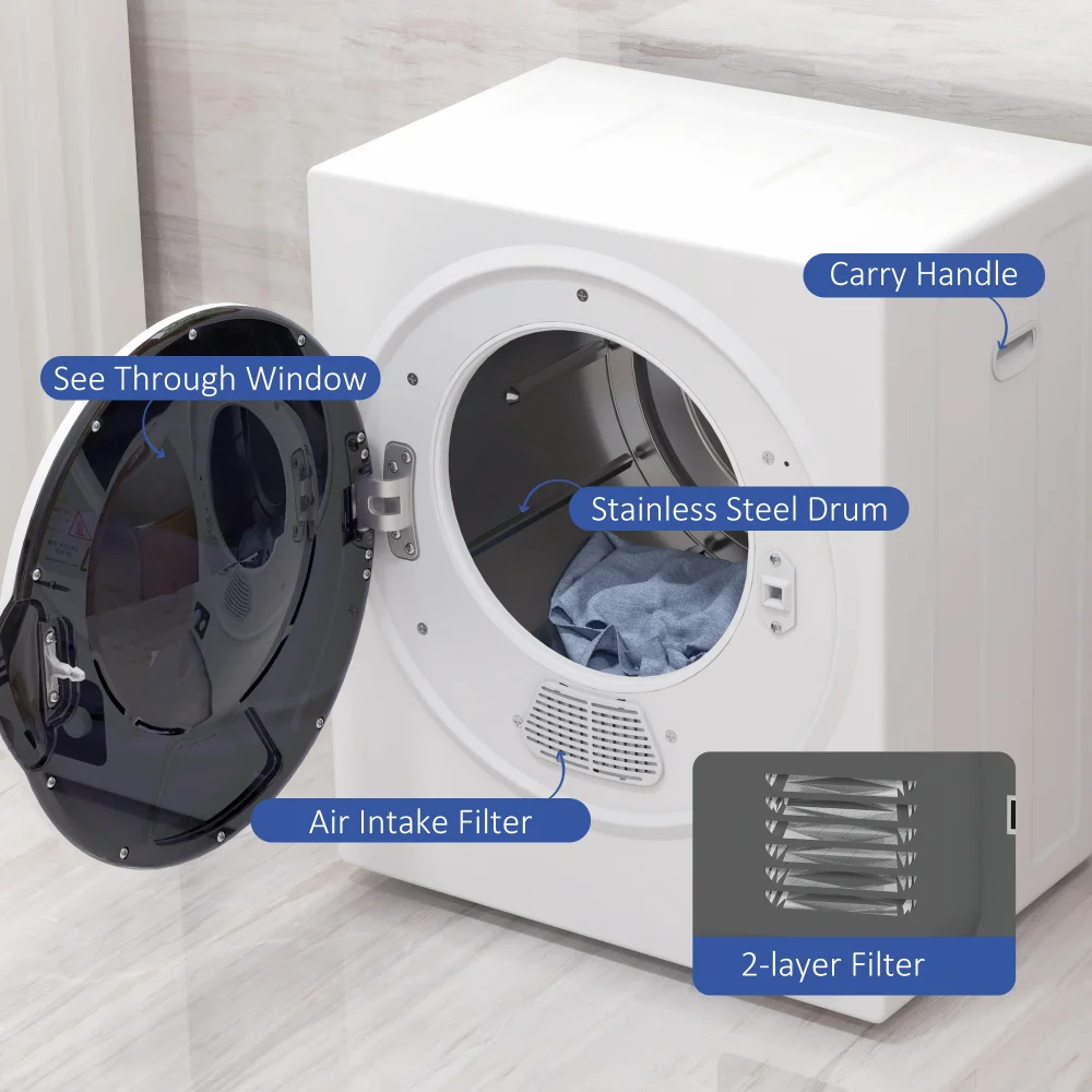 850W Automatic Dryer Machine White Portable Mini Clothes Dryer Small Room Towel Dryer with 5 Drying Modes 1 Person Furniture