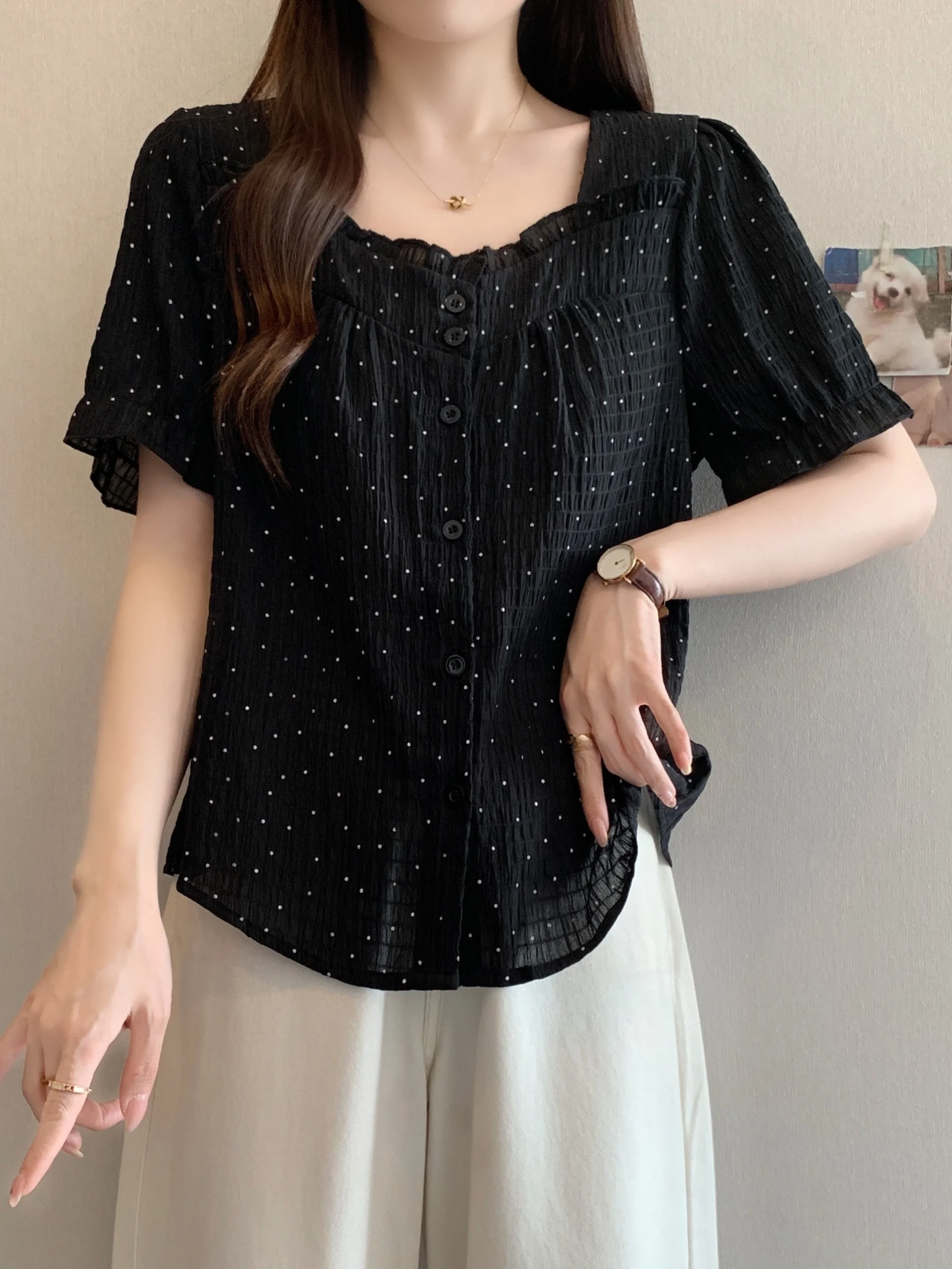 

plus Size Women's Square Collar Thin ort Sve irt Summer Loose Belly Covering Gored Top Korean Sle Commute Wind