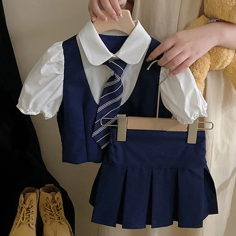 Summer Preppy Style Children Outfits Kids Clothes Set Baby Teenage Girls School Uniform Short Sleeve Shirt+Skirt Two Piece Suit