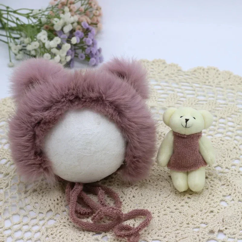 Newborn Photography Props2 Pcs/set Newborn Photography Props Fluffy Stretch with Cute Rabbit Fur Hat and Teddy Bear