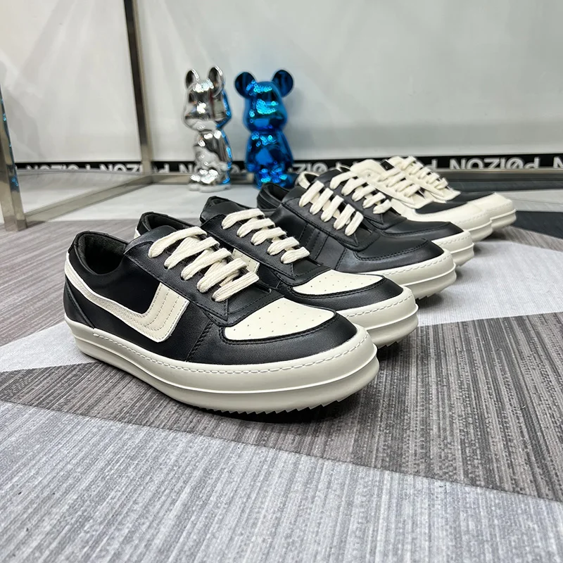 

Dekherw Men Low Top Leather Casual Shoes Women Fashion Ro Luxury Trainers Lace Up Flat Thick Sole Black Sports Leisure Sneakers