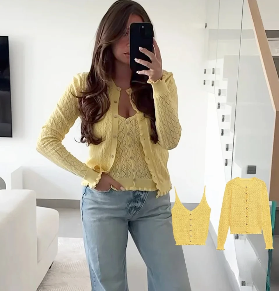 

KONDALA Casual Chic Knit Top Women's Sling Top Inside Or Short-sleeved Top Cardigan Fashion 2025 Spring Fall Holiday Mujer Top