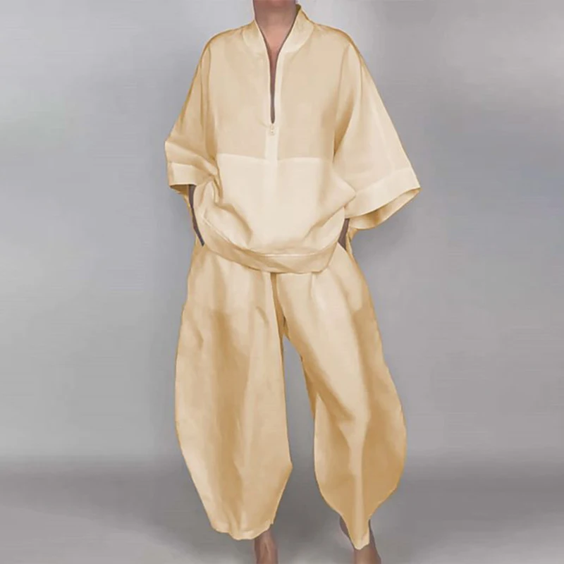 بنطال رياضي صيفي غير رسمي للنساء 2026 ربيعي عالي الخصر بجيوب فضفاض بلون سادة بخصر مطاطي للنساء ملابس