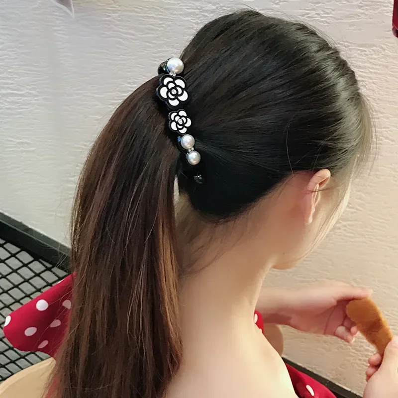 Fashion Pearl Banana Hair Clip Jewelry Camellia Flower Headdress Elegant Round Ponytail Large  Accessories for Girls Women