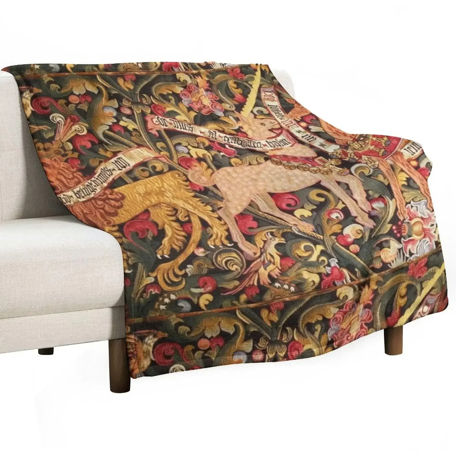 

UNICORN;DRAGON,LION,STAG AND OTHER ANIMALS Floral Medieval Tapestry Throw Blanket Tourist Plush Blankets