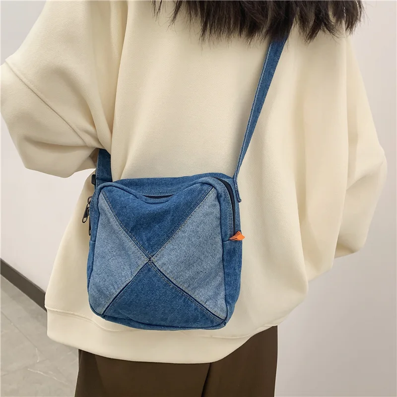 Small Canvas Women's Bag Casual Jeans Shoulder Cross Bag Patchwork Denim Handbag Phone Messenger Bag Y2K Satchel Square Bag INS