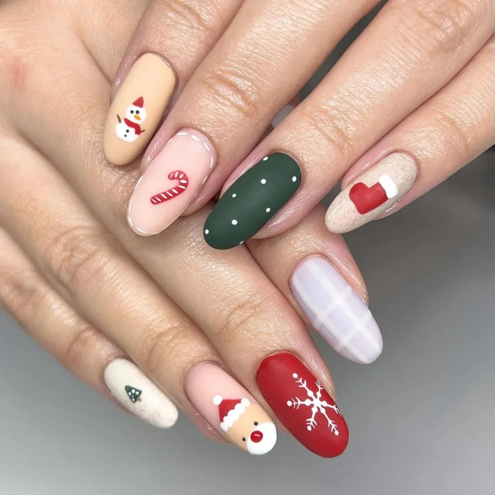 Uñas postizas desmontables para manicura, uñas postizas de almendra de Navidad, cobertura completa, 24 piezas