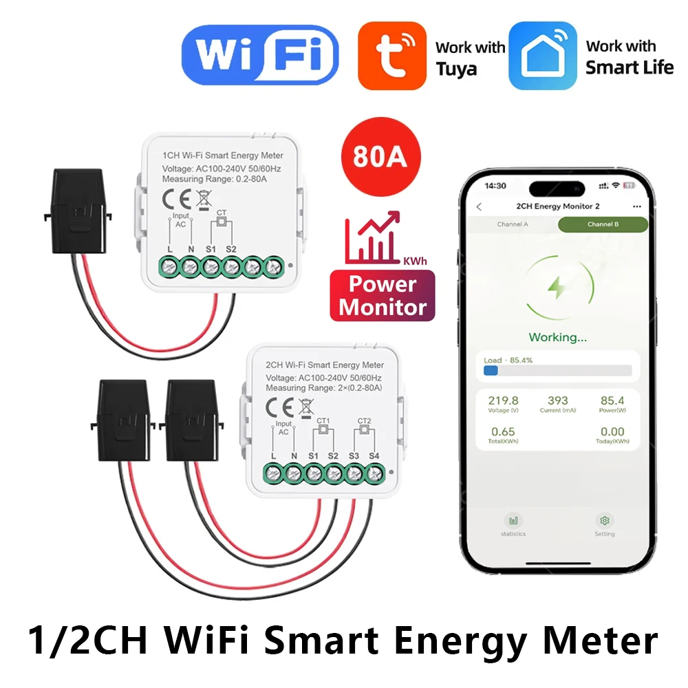 Medidor de energía inteligente Tuya WiFi, Sensor de corriente, Monitor de energía para el hogar, estadísticas de electricidad, AC100-240V 80A, abrazadera monofásica, 1/2CT