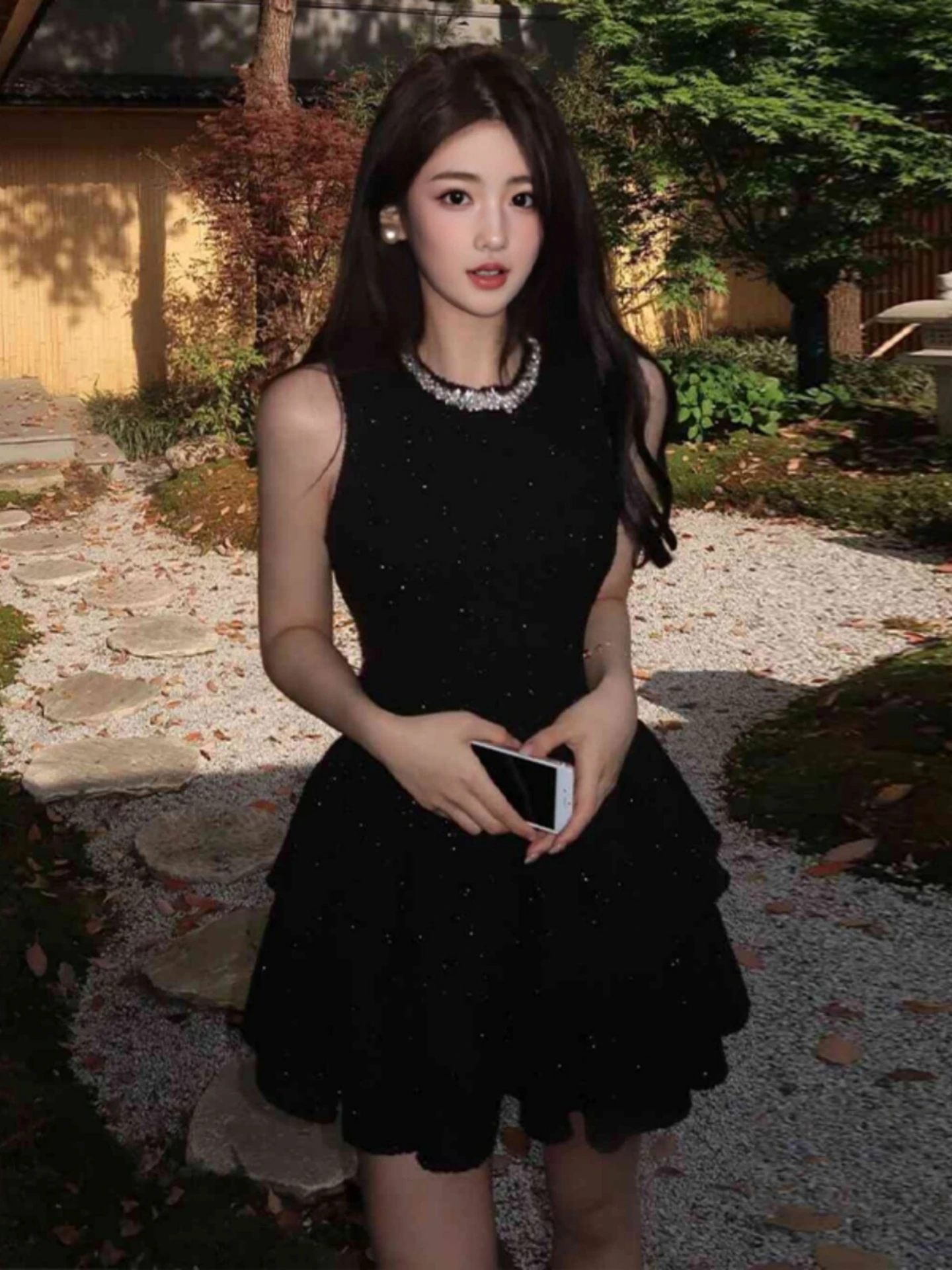Black Vest Dress Women Summer 2026 plus Size Slimming Waist Diamond Embellished Short A-Line Skirt Luxury Feel No Sleeve