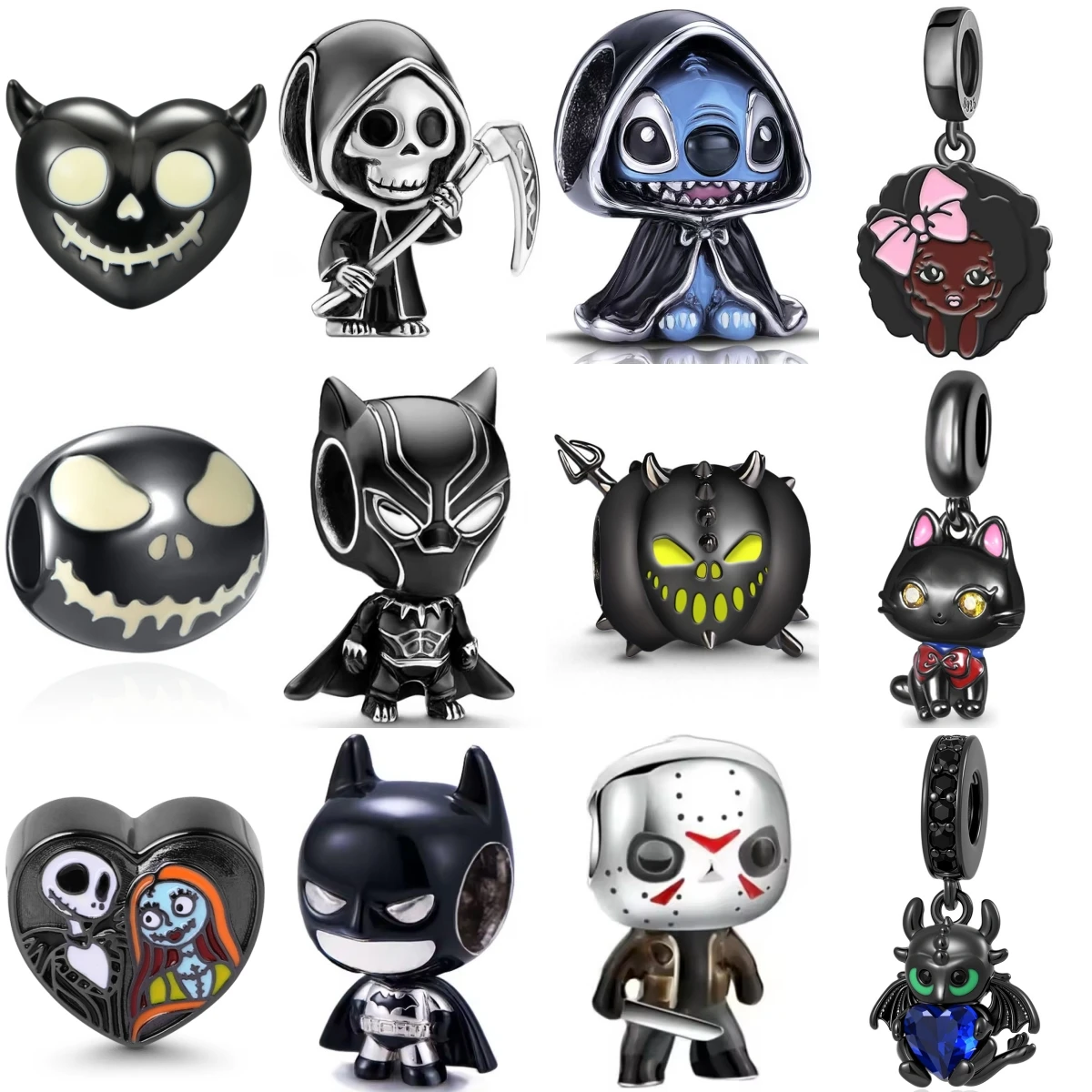 

925 Sterling Silver Black Series Halloween Charm Beads, Gothic Skull Alien Hero Charms for Bracelet, DIY Jewelry Gift for Women