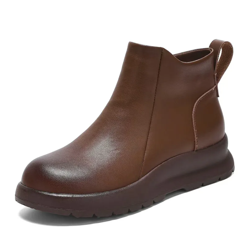 DRKANOL 2026 Thick Sole Platform Snow Ankle Boots For Women Wedges Heel Genuine Leather Short Boots Ladies Plush Fur Warm Shoes