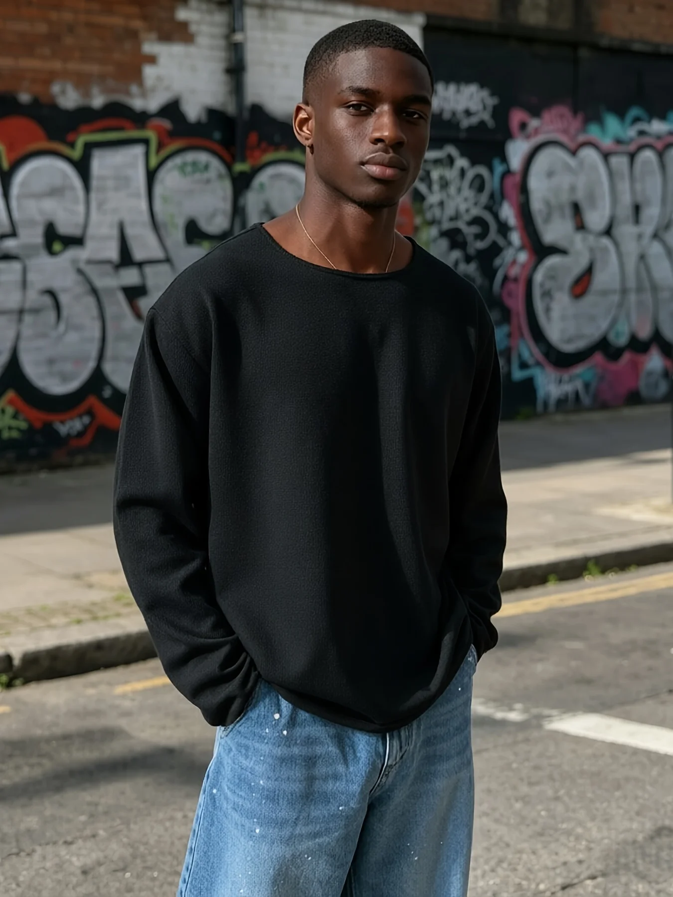 Herren-T-Shirt mit langen Ärmeln, einfarbig, gerippt, locker geschnitten, Oversize, Rundhalsausschnitt, Pullover, lässiger Streetstyle, Basic-Oberteil für Herren – Detail 6