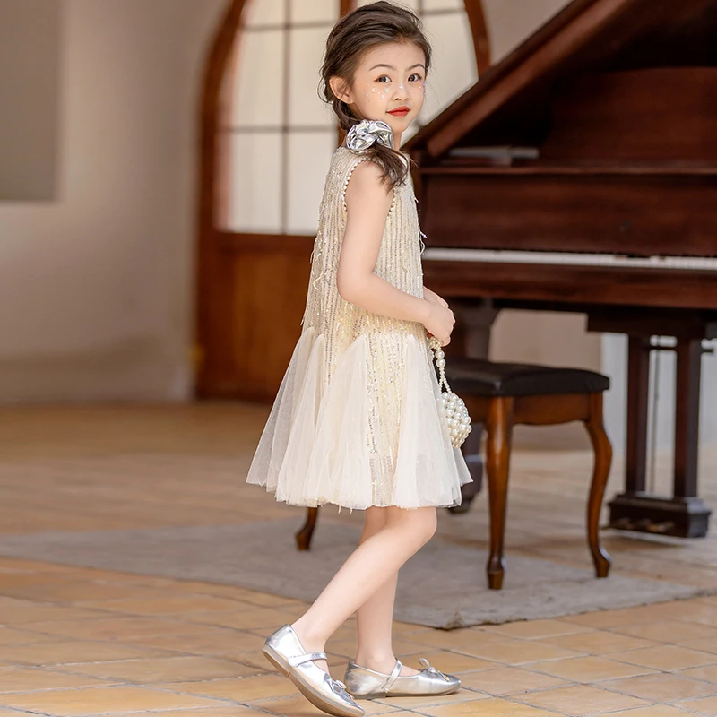 Beige baby girls dress Pearl tassel sequin vest Princess Party Dresses robe  fille enfant Fashion Kids Birthday clothes 100-160 - AliExpress 1501