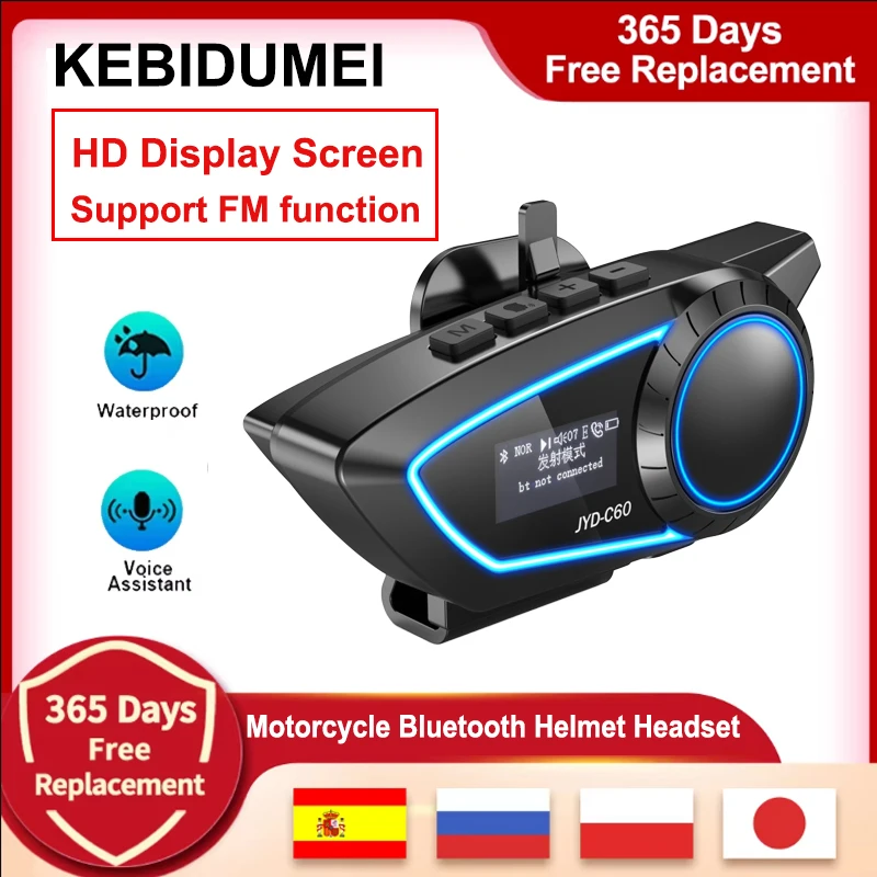 Motorcycle Helmet Headset Bluetooth 5.4 Headphones HD display Screen with Ambient Light Support FM Wireless Handsfree Earphone