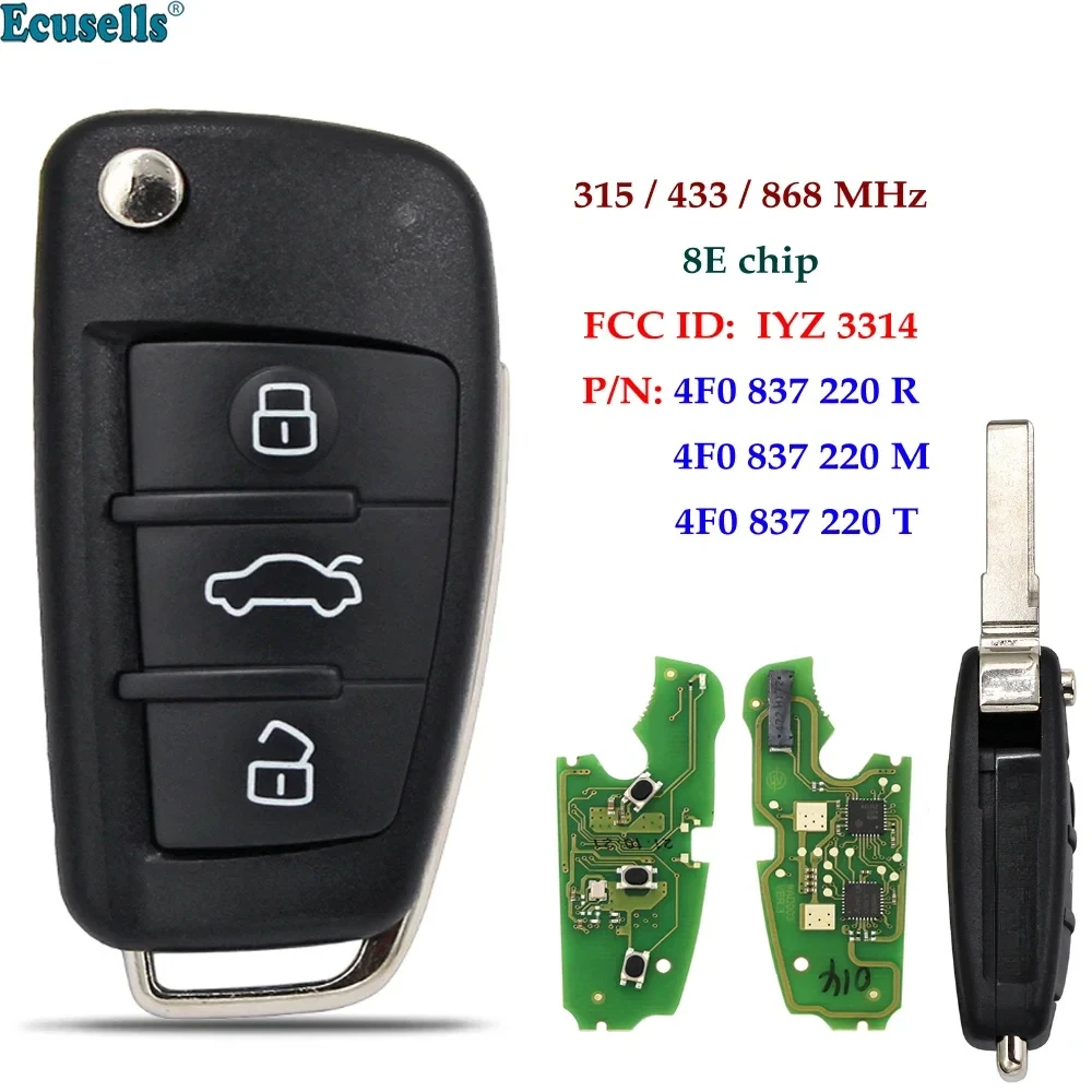 3B Flip Remote Key Fob FSK 315MHz/ 434MHz/ 868MHz 8E Chip for Audi A6 S6 Q7 2004-2015 IYZ 3314 4F0837220R 4F0837220M 4F0837220T