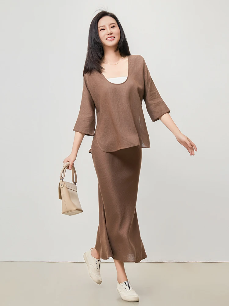 

Lsea Summer 2025 Vintage Versatile Deep U Neck Shirt And Skirt Set Slant Cut Classic Quality Adult Women's Fashion Ensemble