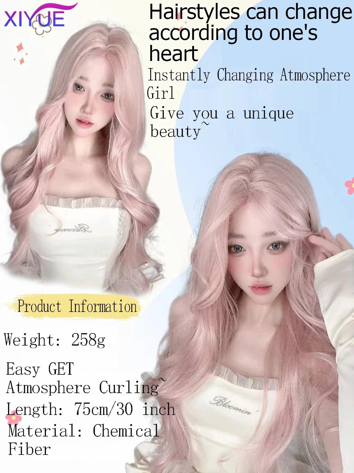 XIYUE  Light Pink Synthetic Hair Wigs Long Wavy Natural Hair Wigs with Bangs for Women Cosplay Lolita Wig Heat Resistant