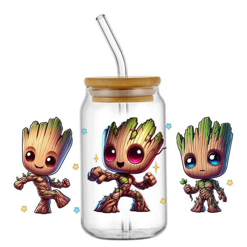 Miniso Groot Cartoon Super Hero Racing For Libbey 16oz Can Glass 3D Transfer Decal Sticker Labels DIY Logo ﻿Waterproof