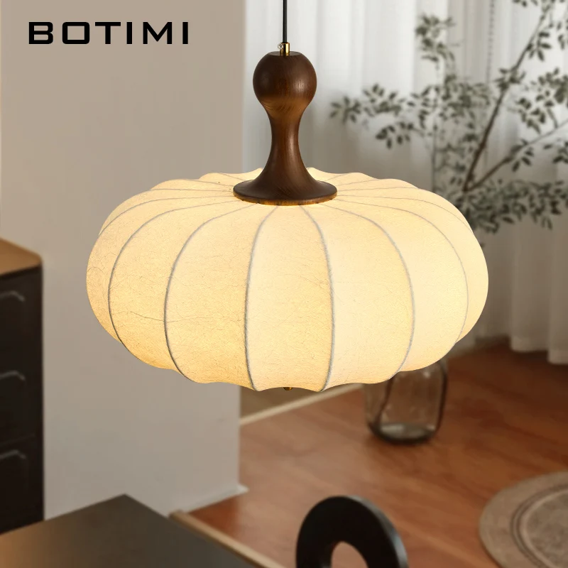 BOTIMI French Style Antique Silk Bedroom Pendant Light Solid Wood Retro Japanese Dining Room Wooden Lighting Fixtures