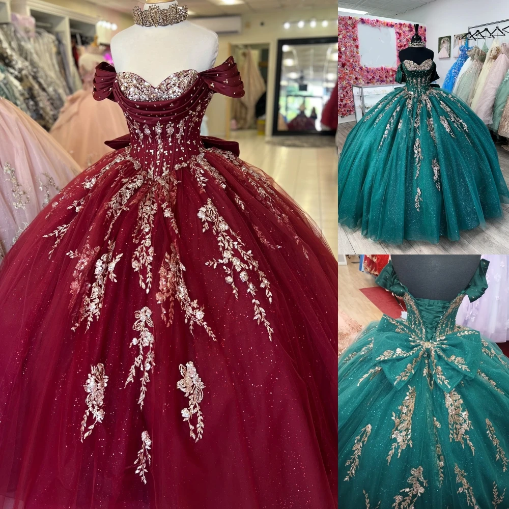 Glitter Tulle Quinceanera Dress Bow Emerald Quince Ballgown Corset Sweet 15/16 Birthday Party Gown Vestidos De 15 Ano Burgundy