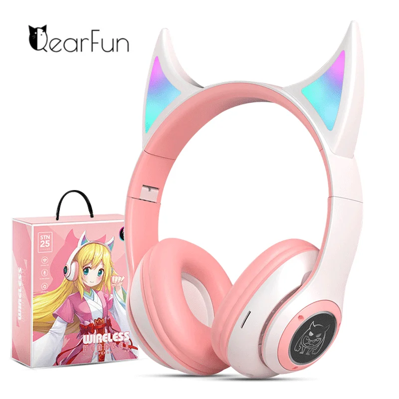 

Cute Demon Kid Headphones LED light Wired Earphones with Noise Reduction Microphone Adjustable Child Headband Kids Birthday Gift