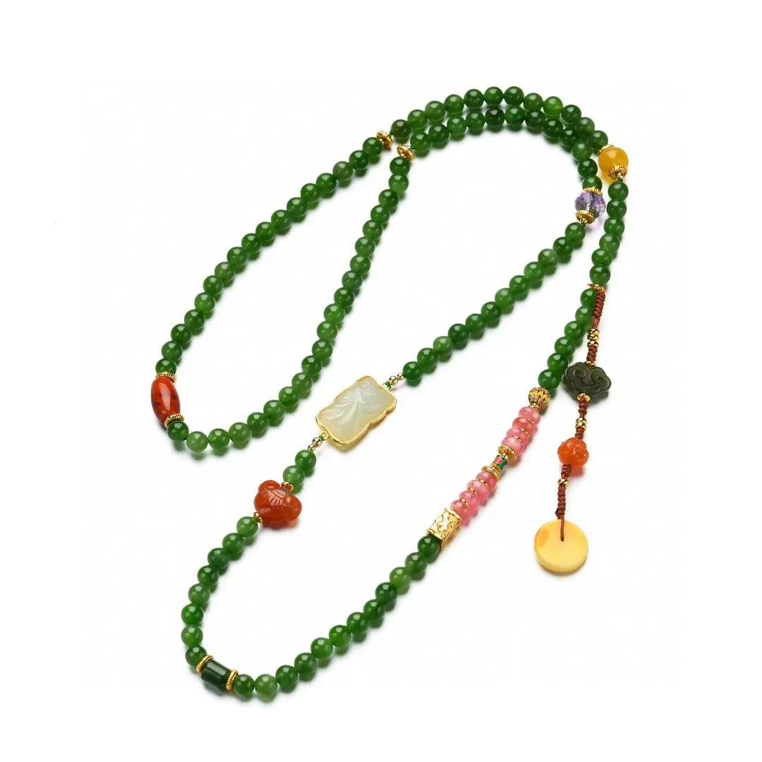 Guofeng Natural Hetian Jade Necklace 108 Buddha Beads Sweater Chain Nanhong Beeswax Red Pattern Stone Pendant Gift for Friends