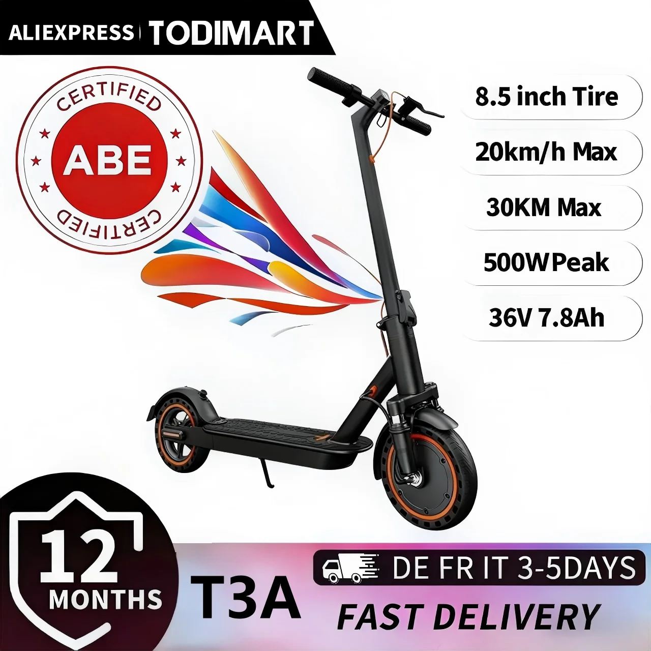 Patinete eléctrico TODIMART T6 ABE con homologación para la calle, alcance de 30-35 km, motor sin escobillas de 350-500W, frenos duales y neumáticos run-flat de 8.5 pulgadas