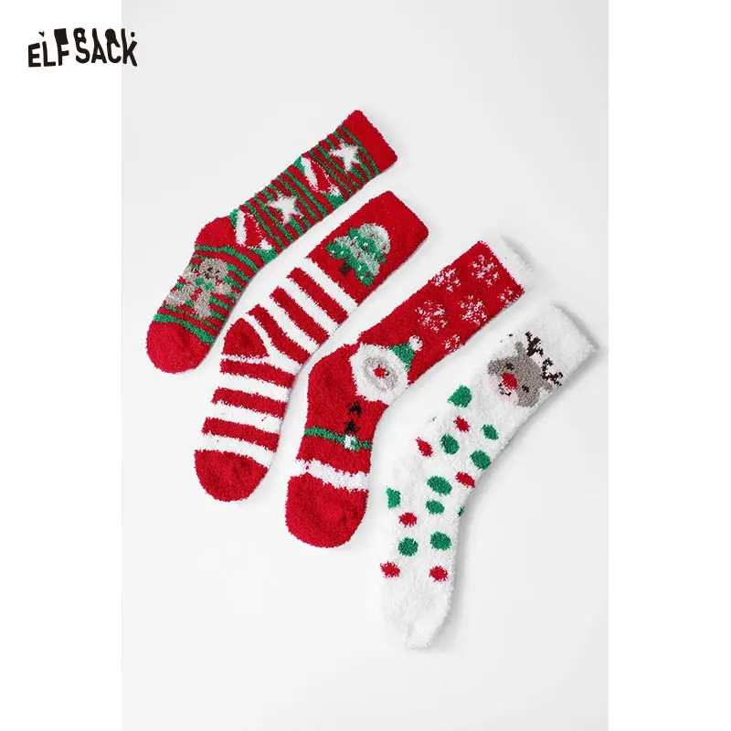 

ELFSACK 2025, новые зимние поступления, милые полосатые рождественские плюшевые теплые носки для женщин