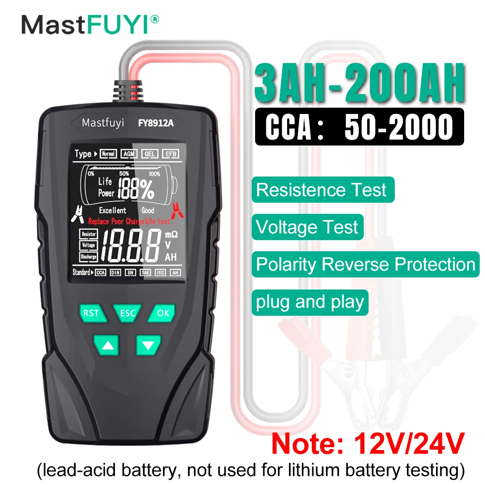 MASTFUYI 12V/24V Car Battery Tester Automatically Measure Battery Life and Capacity Visualize Battery Status Plug & Play