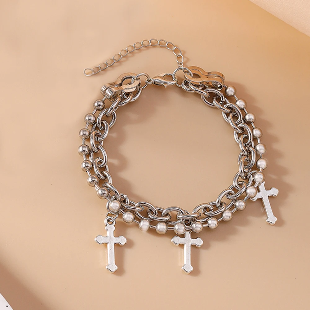 Aihua Gothic Hip Hop Metall Kreuz Charm Armband für Frauen Schichtung verknüpfte Perlen Kette Armbänder Kpop Schmuck Geschenke – Detail 3