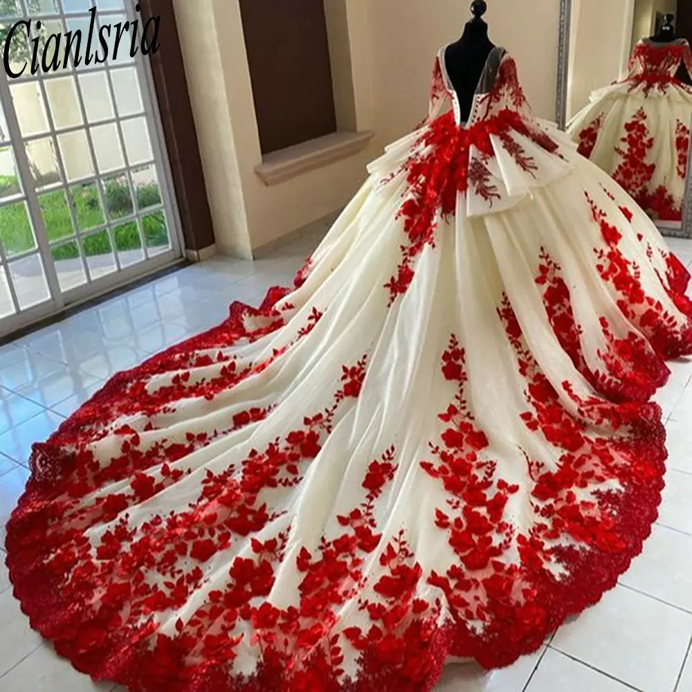 Princess Illusion Long Sleeve Ruffles Ball Gown Quinceanera Dresses Red 3D Flowers Appliques Lace Corset Vestidos De XV Años